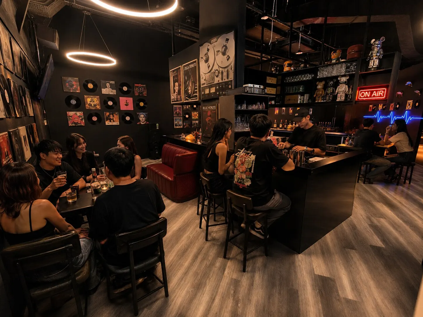 Bar lounge with vinyl wall and bartender